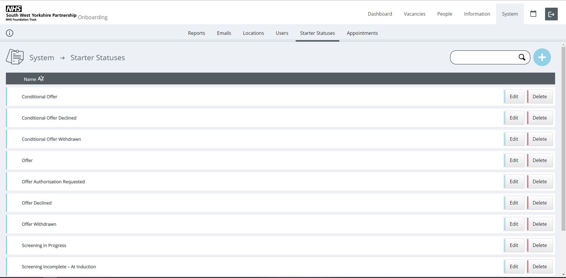 lists of possible statuses